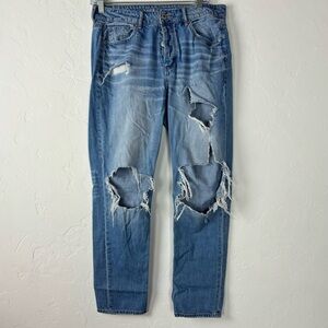 American‎ Eagle Jeans Denim Tomgirl Solid Blue Wash Ripped Holes Cotton Knit